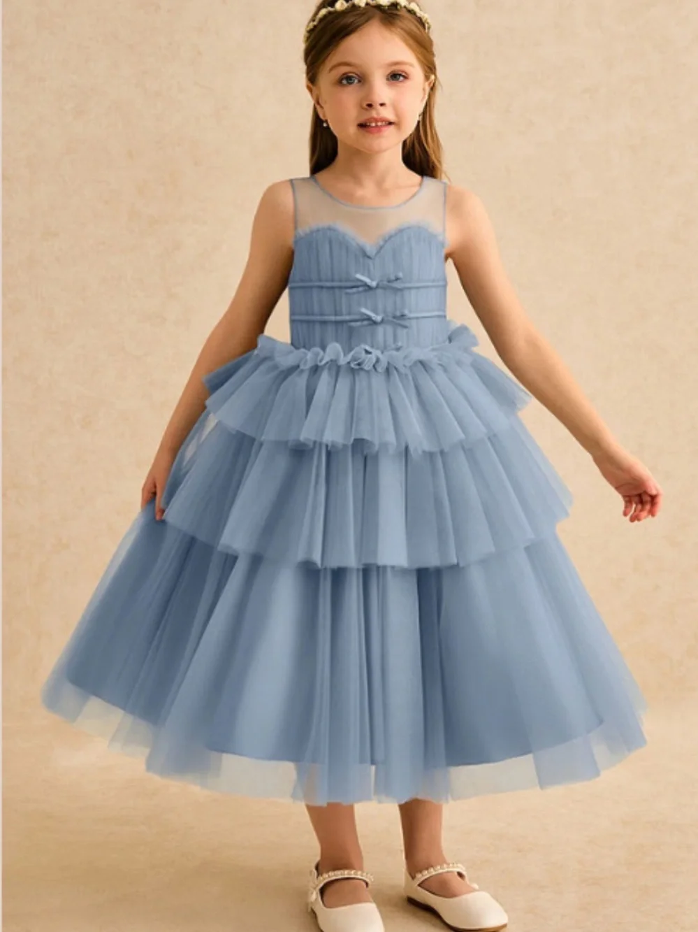 Girls Light Blue Tulle Tiered Party Dress